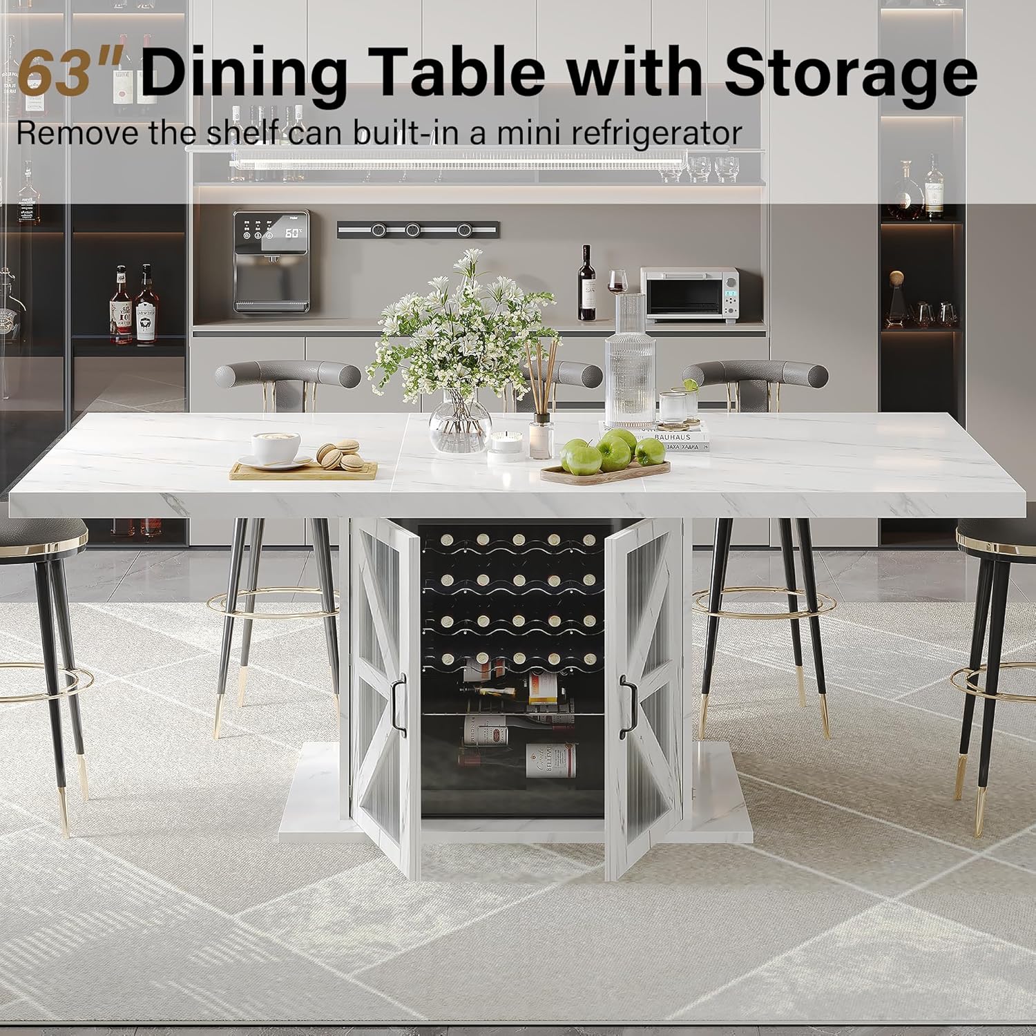 LVB Modern Dining Table for 4 to 6, White Rectangle Kitchen Table with Storage, Wooden Pedestal Dining Room Table with Fridge Space, Large Dinner Tables for Home,Living Room,White Faux Marble, 63 Inch
