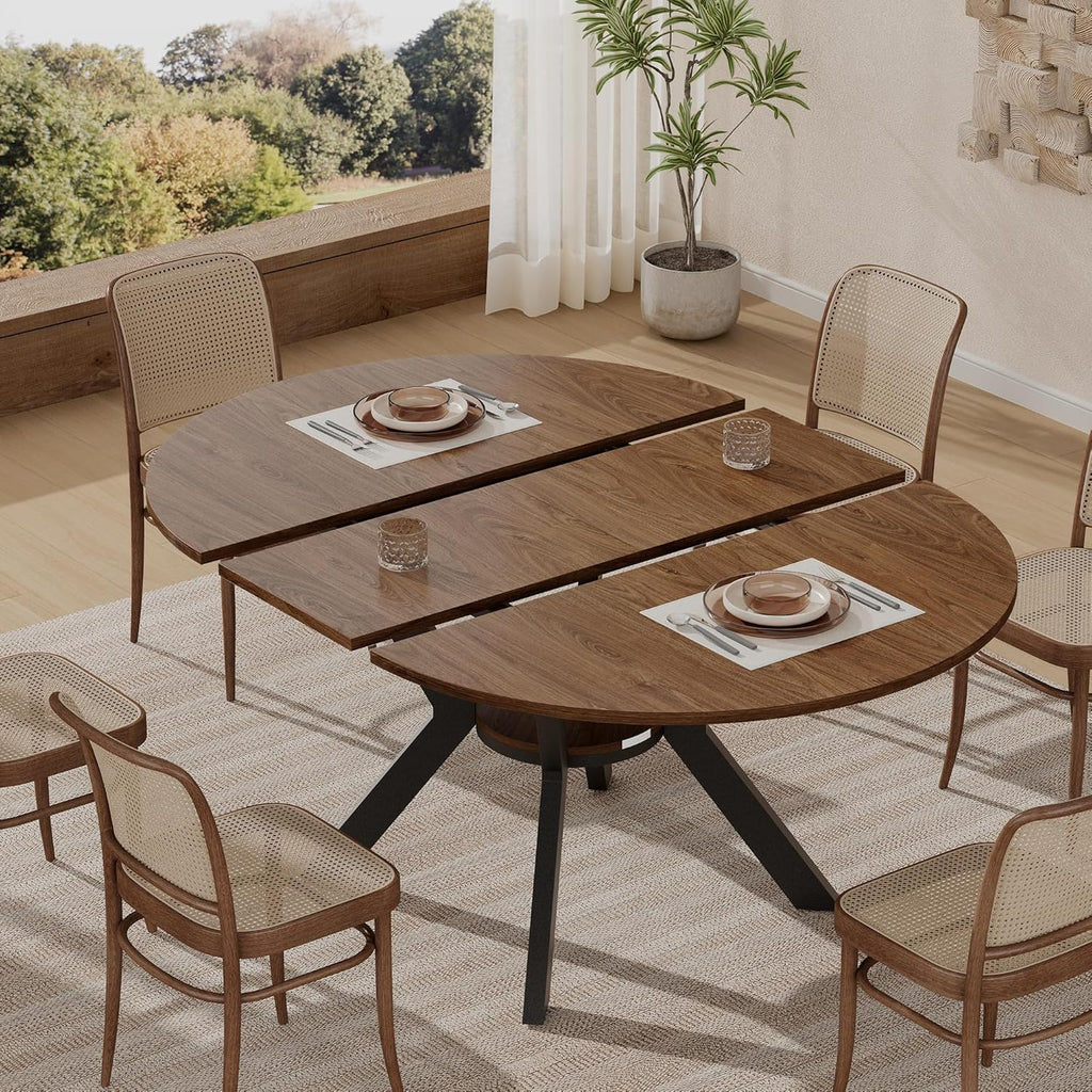 42'-58' Extendable Round Dining Table for 4-6, Kitchen Oval Table with Hidden Leaves & Storage Shelf, Space Saving Modern Design with Sturdy Metal Legs for Kitchen, Dining Room & Small Apartments