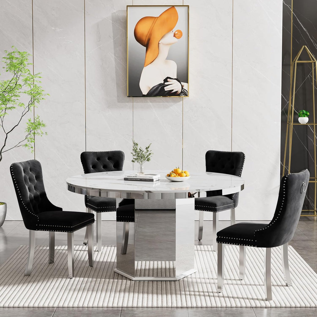 5 Pieces 47'-63' White Faux Marble Extendable Dining Table Set, Round Expanding Kitchen and Dining Room Table Set for 4 with Mirrored Acrylic Base & Black Velvet Upholstered Chairs