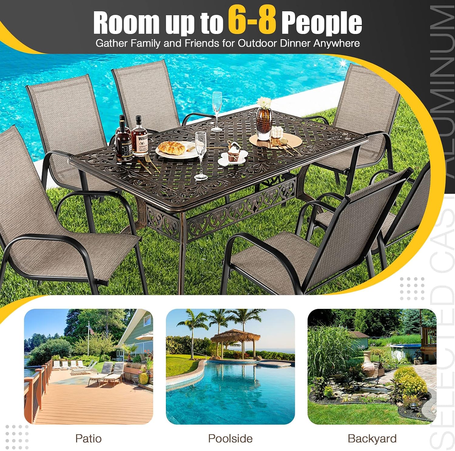 Tangkula 59 Inches Outdoor Dining Table, All-Weather Cast Aluminum Table with Umbrella Hole, 6-8 Person Rectangular Dining Table for Garden, Backyard and Poolside (Bronze)