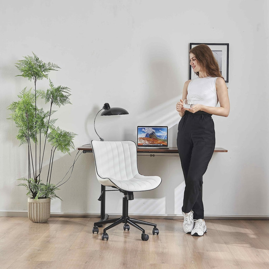 YOUNIKE White Armless Office Chair Faux Leather Small Cute Desk Chair with 12° Rocking Back Adjustable Height Swivel Vanity Chair Ergonomic Compact Home Computer Rolling Task Chair for Small Spaces