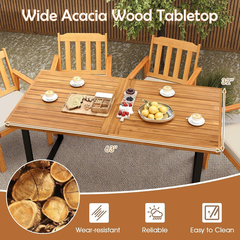 HAPPYGRILL Acacia Wood Patio Dining Table with Umbrella Hole (1.97'), Outdoor Wooden Table for 4-6 People, for Backyard Deck Porch