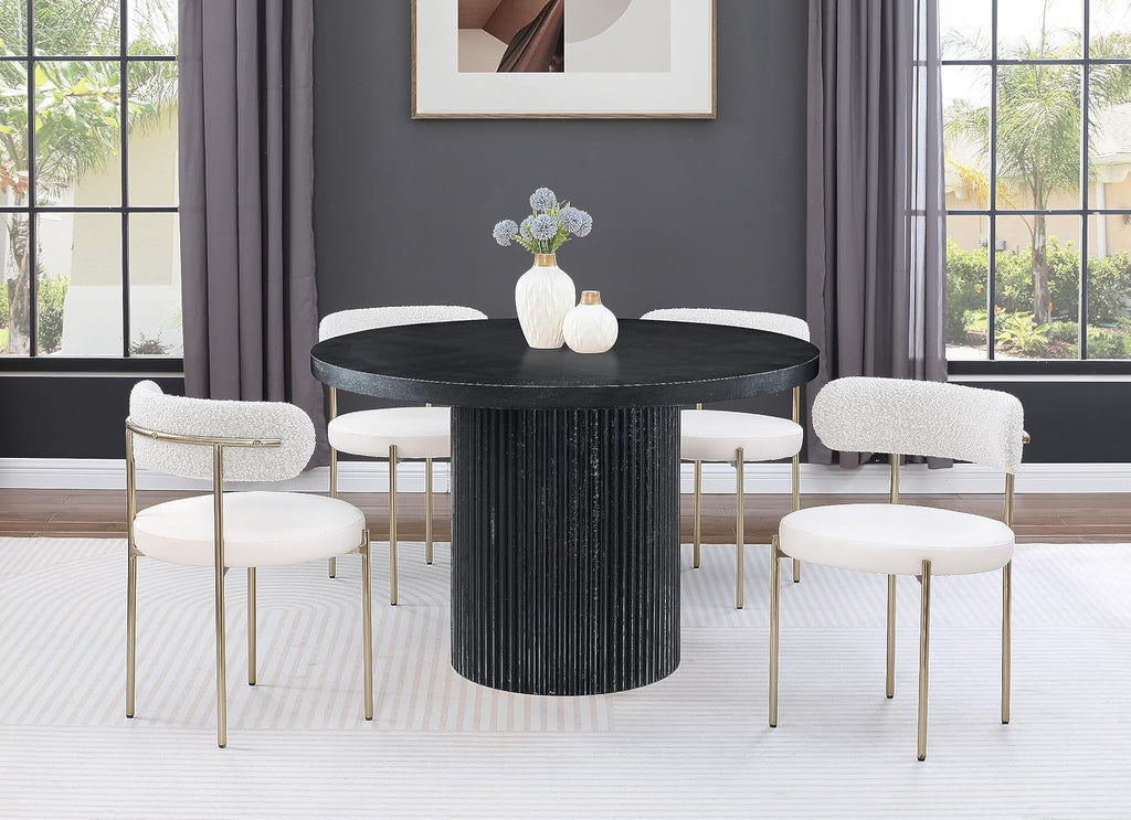 Meridian Furniture 728Black-T Belinda Collection Mid-Century Modern Dining Table, Solid Wood Base, Black Finish Oak Wood Veneer MDF Top, Round Top, Fluted Base, 48' W x 48' D x 31' H, Black