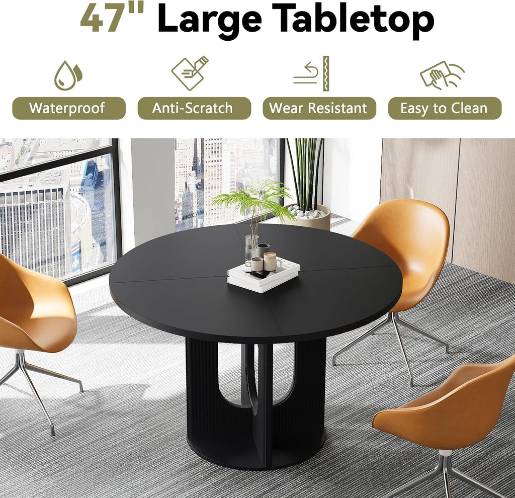 weselon Farmhouse Round Fluted Dining Table for 4, 47 Inch Circle Kitchen Table with Wooden Pedestal Base, Dinner Tables for Home Living Room Kitchen (Black)