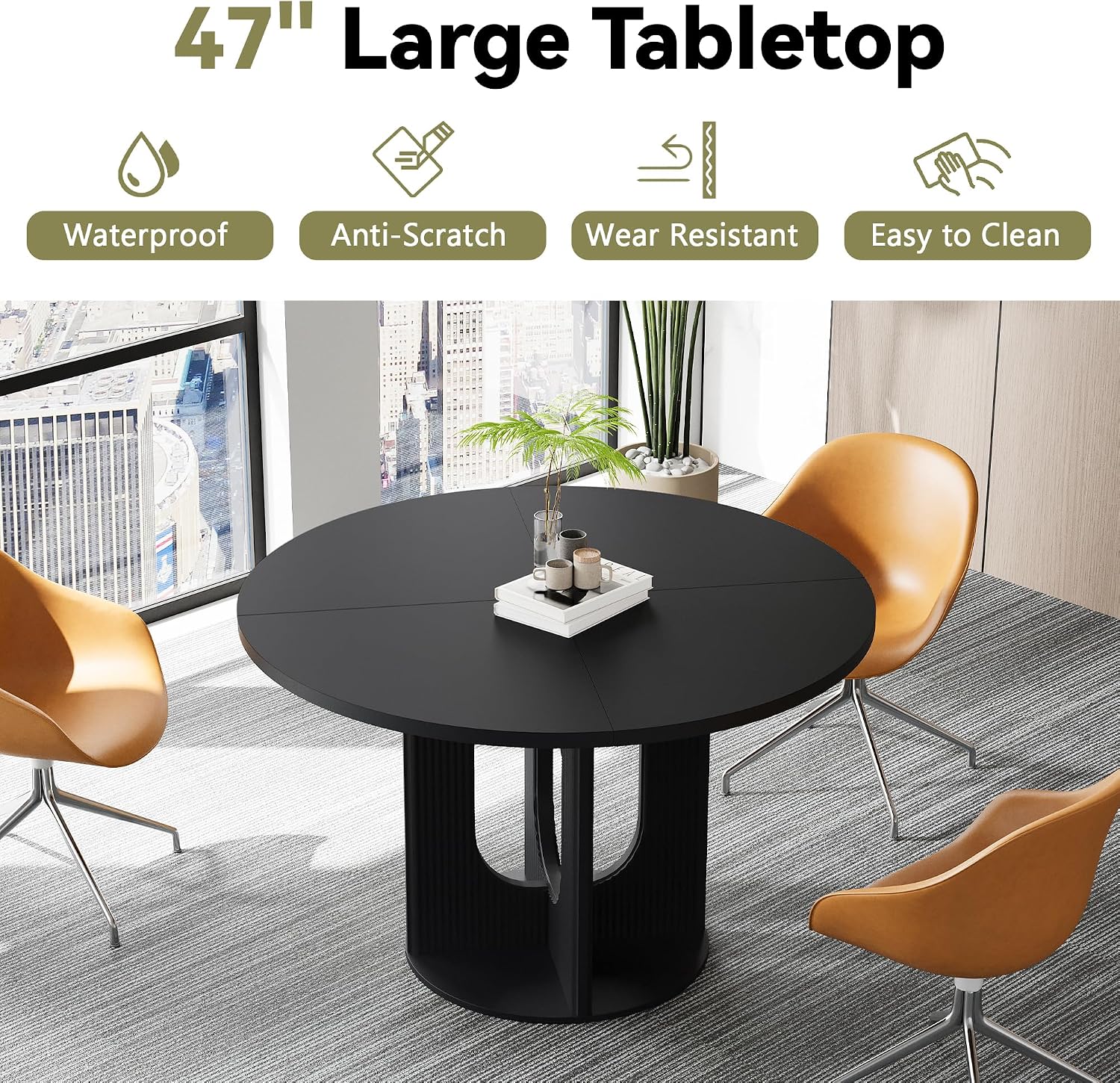 weselon Farmhouse Round Fluted Dining Table for 4, 47 Inch Circle Kitchen Table with Wooden Pedestal Base, Dinner Tables for Home Living Room Kitchen (Black)