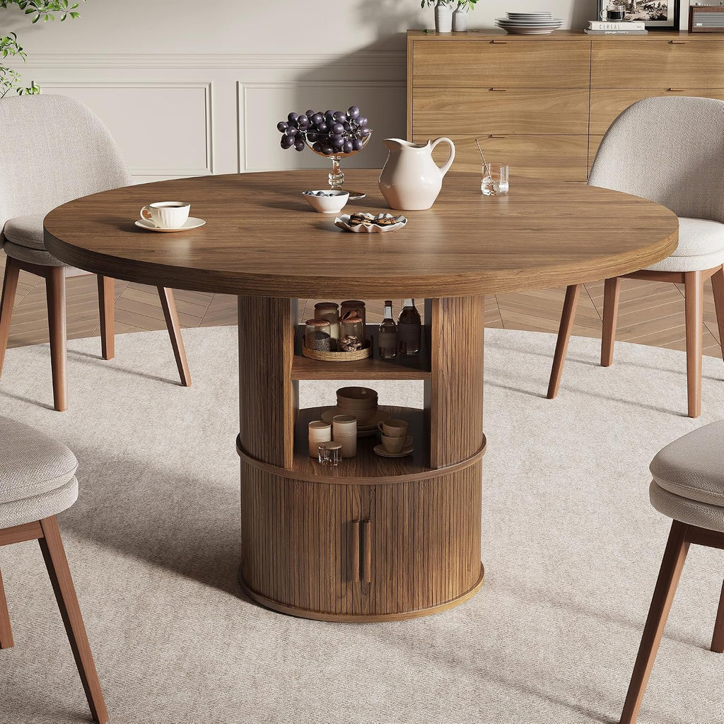 43' Round Dining Table with Storage Shelf, Farmhouse Modern Kitchen Table for 4-6, Circular Wood Dining Room Table for Small Spaces, Space Saving Pedestal Table for Apartment & Breakfast Nook, Walnut