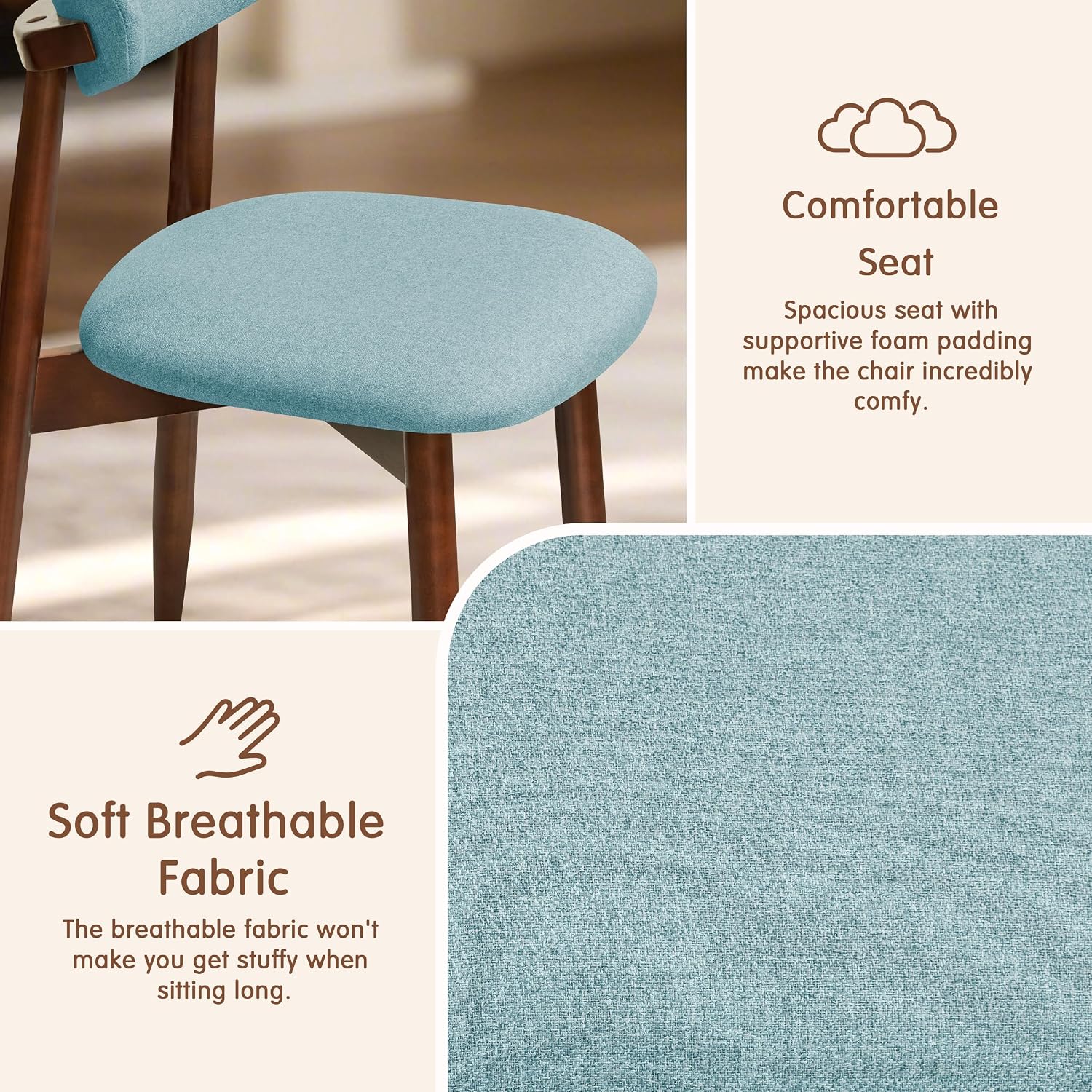 CHUN YI Dining Chairs Set of 4, Upholstered Solid Wood Dining Room Chairs, Mid Century Modern Fabric Kitchen Chairs with Ergonomic Curved Back, Blue (Only Chairs)