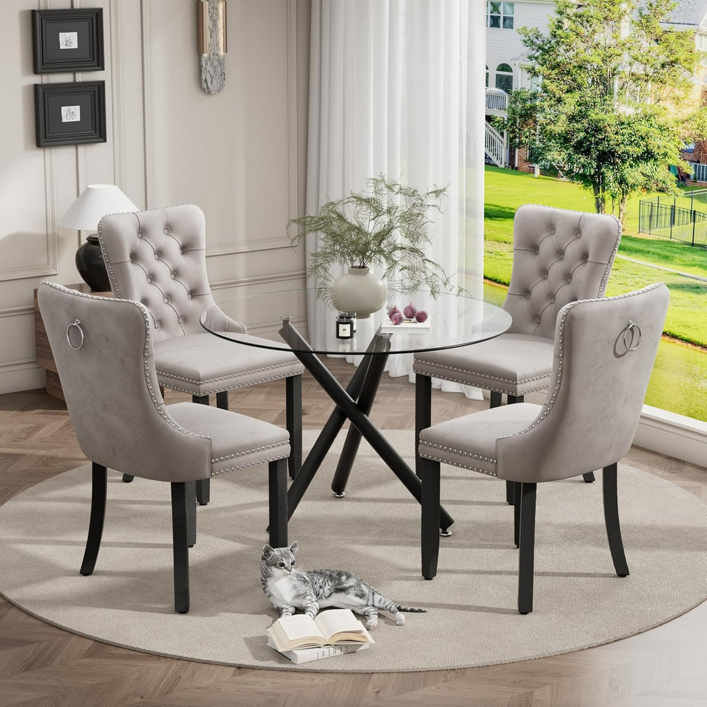 Modern Luxury Round Glass Dining Set for 4, 5 Pcs Small Minimalist Circle Kitchen Table Set, 36'' Clear Circular Glass Top Dinner Room Set, Grey High-end Tufted Chairs, for Apartment (Black)