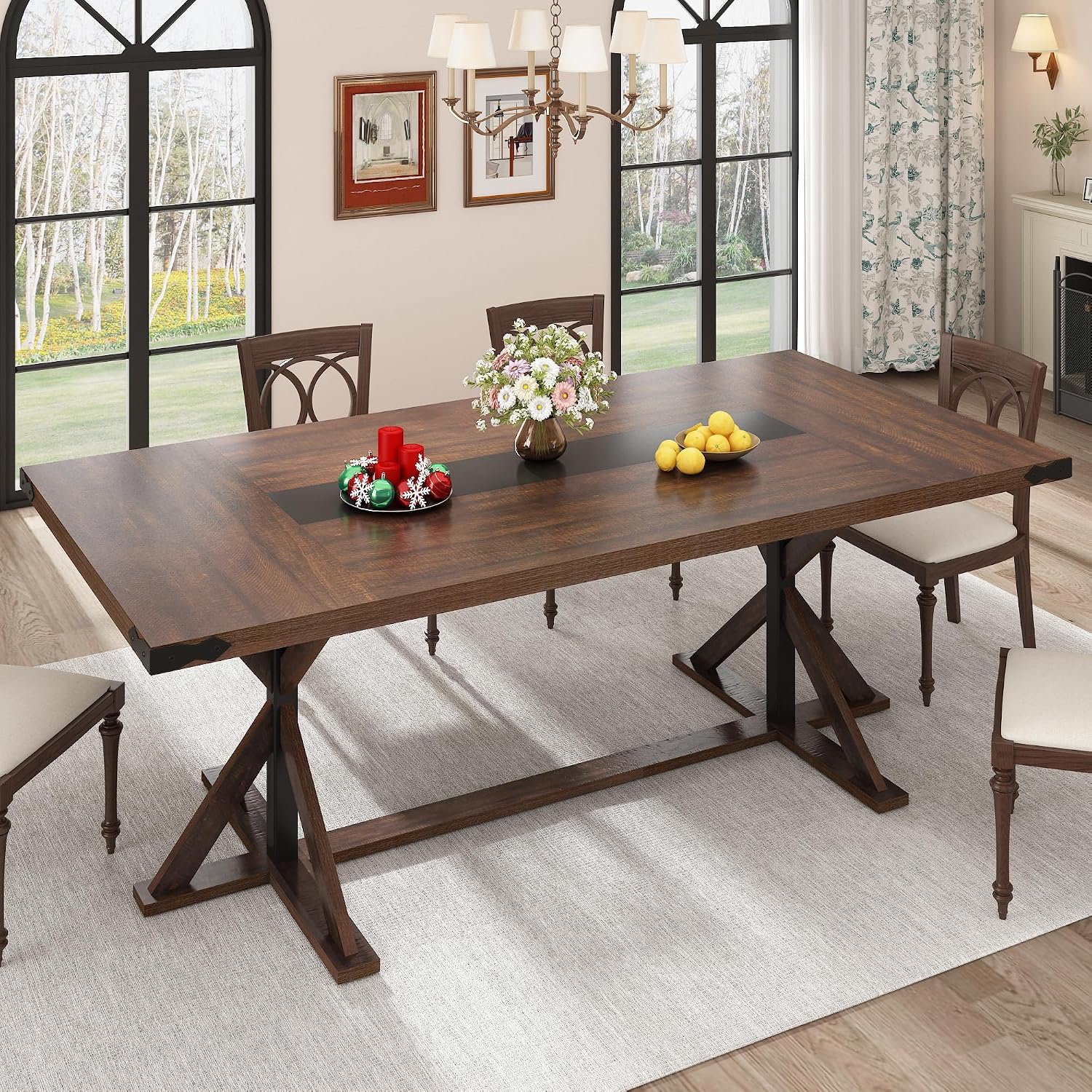 Hlivelood 78 Inch Dining Table for 8 People, Rectangular Kitchen Farmhouse Table W/Thickness Waterproof Wood Tabletop,Long Dining Room Tables W/Wood Strip Base for Kitchen Living Room(78IN Brown)