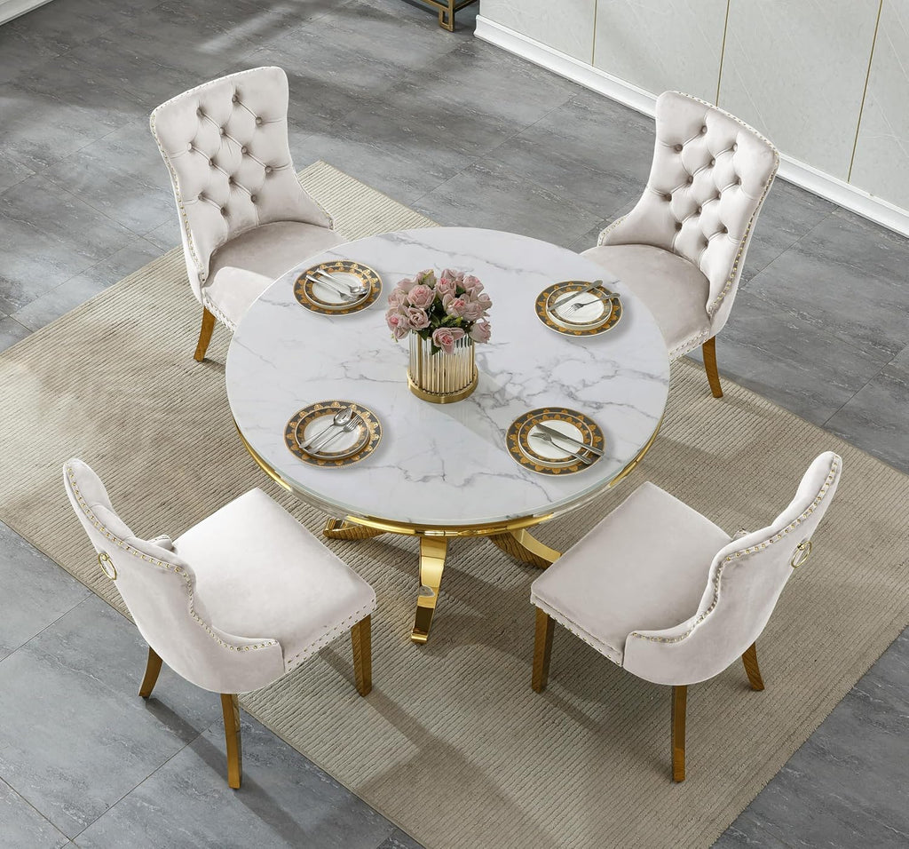 45 inch Round Marble Dining Table for 4 to 6, Modern Circular White Faux Marble Kitchen Table with Gold Stainless Steel Leg, Round Kitchen Dining Room Table for Breakfast Dinette Dinner Dinning Room