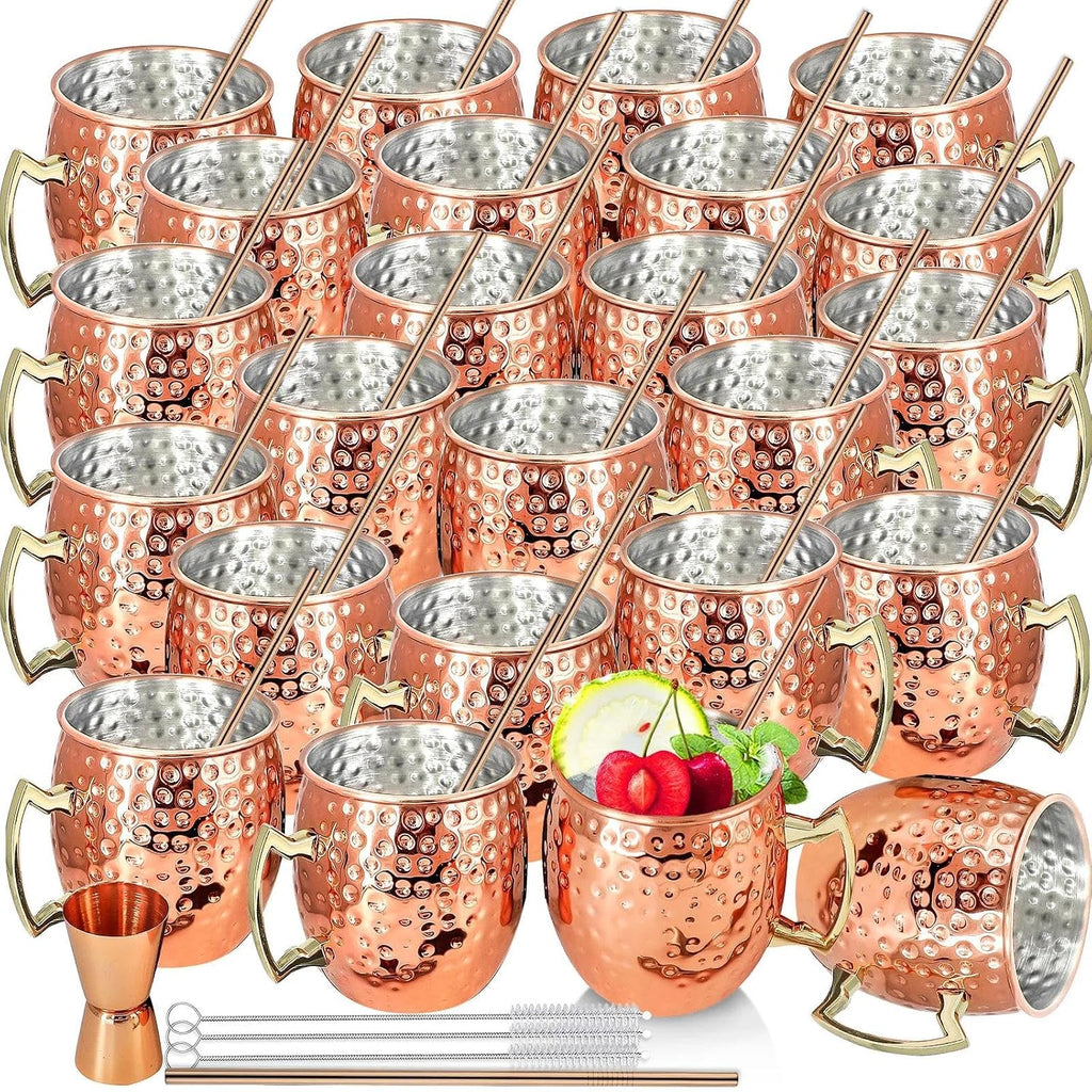Moscow Mule Mugs Set of 24 Copper Plated Mule Mugs 18oz Bulk Large Hammered Stainless Steel Cups with Handle 1pcs 0.5oz Double Jigger Stainless Steel Straws for Cold Chilled Drinks Cocktails