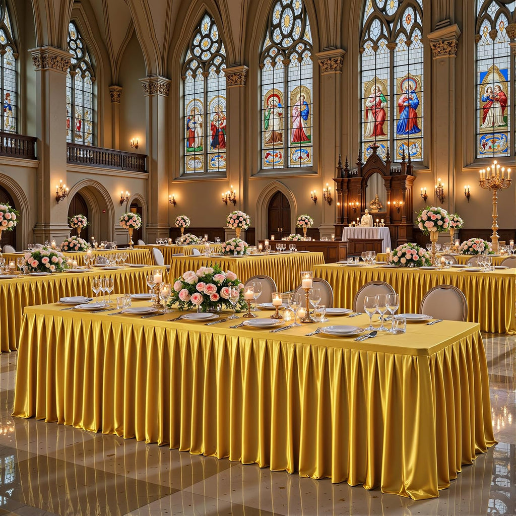 6 Pack 6FT Gold Satin Tablecloths for Rectangle Tables - Shiny Spandex Party Table Cover with Pleated Table Skirt, No-Wrinkle & Glossy Wedding Tablecloth One-Piece for Birthday Baby Shower Banquet
