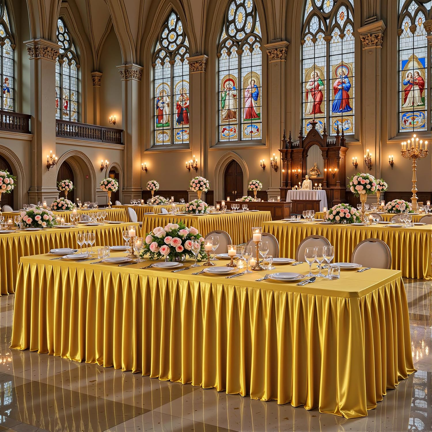 6 Pack 6FT Gold Satin Tablecloths for Rectangle Tables - Shiny Spandex Party Table Cover with Pleated Table Skirt, No-Wrinkle & Glossy Wedding Tablecloth One-Piece for Birthday Baby Shower Banquet