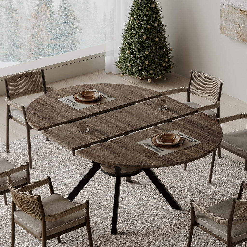 42'-58' Extendable Round Dining Table for 4-6, Kitchen Oval Table with Hidden Leaves & Storage Shelf, Space Saving Modern Design with Sturdy Metal Legs for Kitchen, Dining Room & Small Apartments