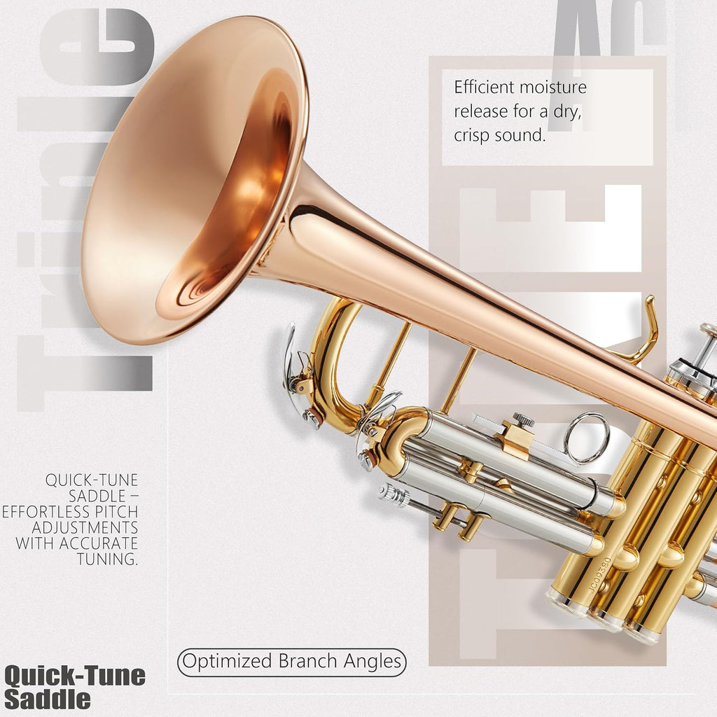 AKLOT Tri-Metallic Artistry Bb Trumpet: Phosphor Bronze Bell, Smooth Monel Valves, Double-Bar Support System, Includes Premium Leather Case, Lesson Book, 7C Mouthpiece, Mute, Cleaning Kit (SNR-PriFTG)