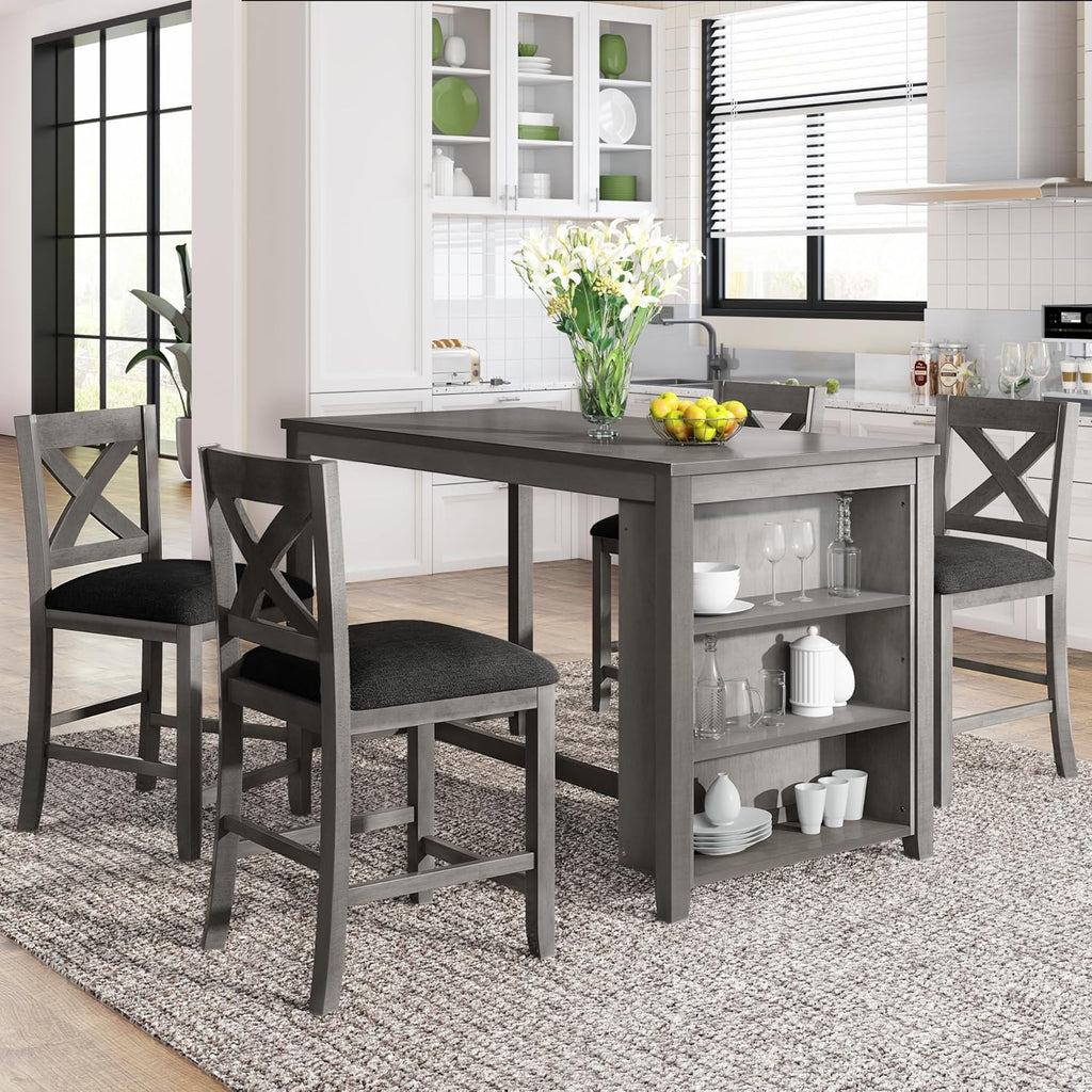 5 Pieces Counter Height Wooden Bar Table Set with 3-Tier Shelf and 4 Chairs, Rustic Farmhouse Dining Table Set for 4, Gray
