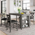 5 Pieces Counter Height Wooden Bar Table Set with 3-Tier Shelf and 4 Chairs, Rustic Farmhouse Dining Table Set for 4, Gray