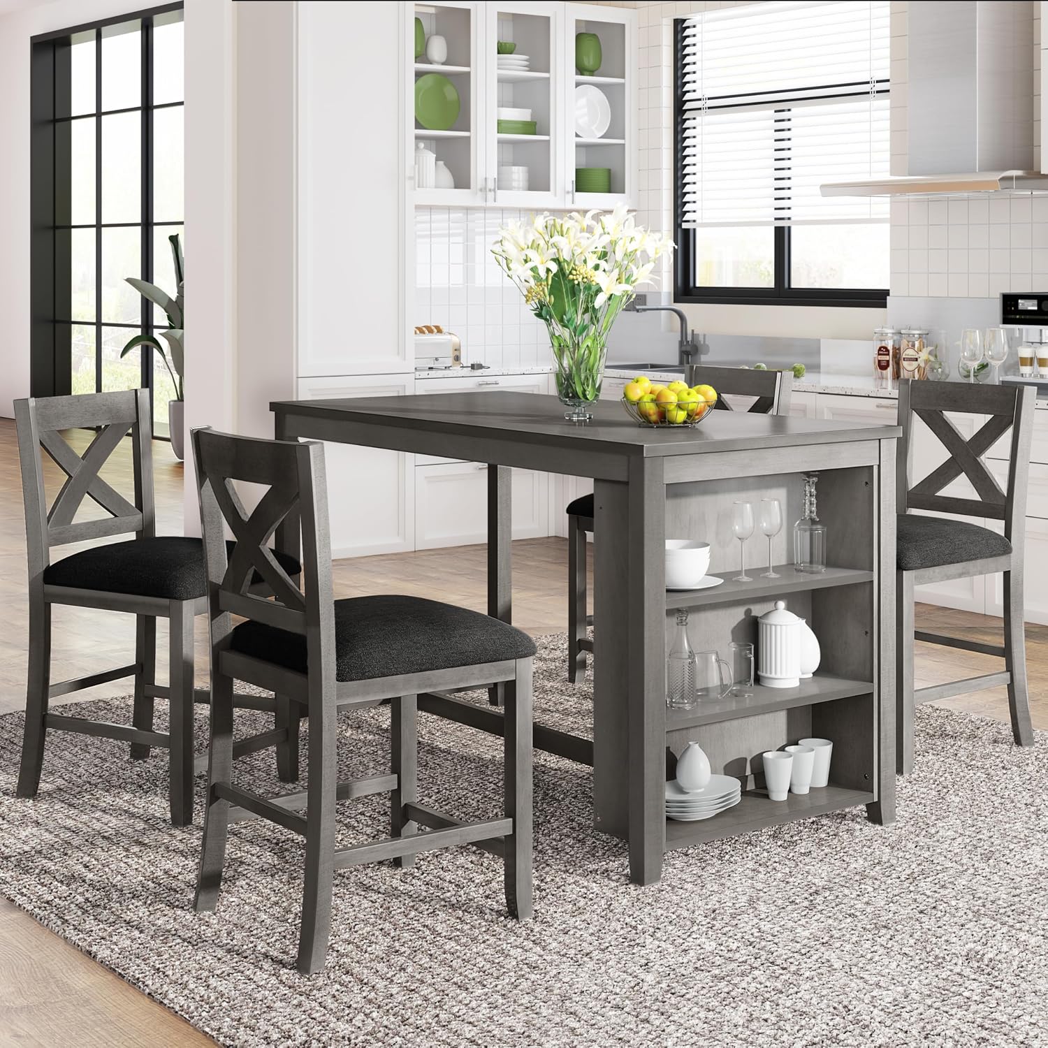 5 Pieces Counter Height Wooden Bar Table Set with 3-Tier Shelf and 4 Chairs, Rustic Farmhouse Dining Table Set for 4, Gray