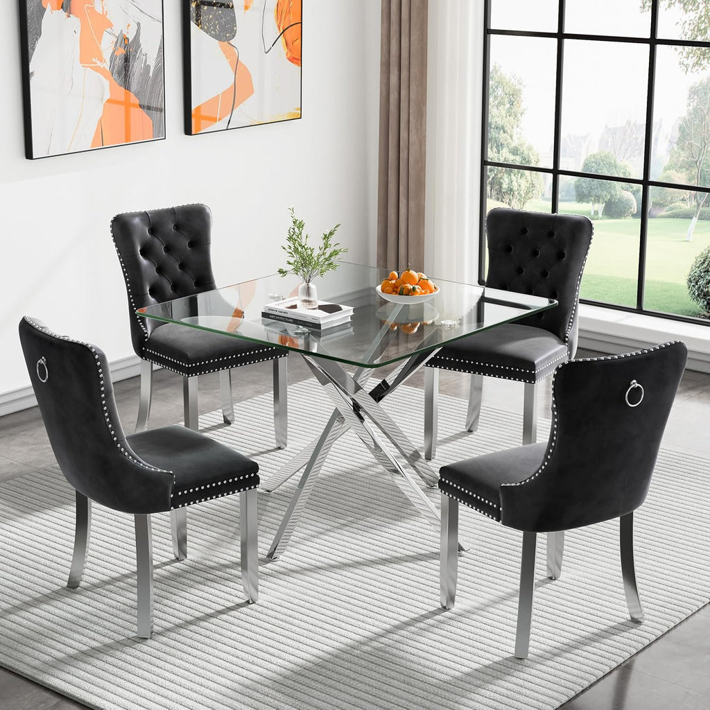 36' Square Dining Table for 4, Modern Clear Glass Kitchen Table for 4 with Silver X Metal Legs, Contemporary Small Glass Dining Room Leisure Tables for Kitchen Apartment