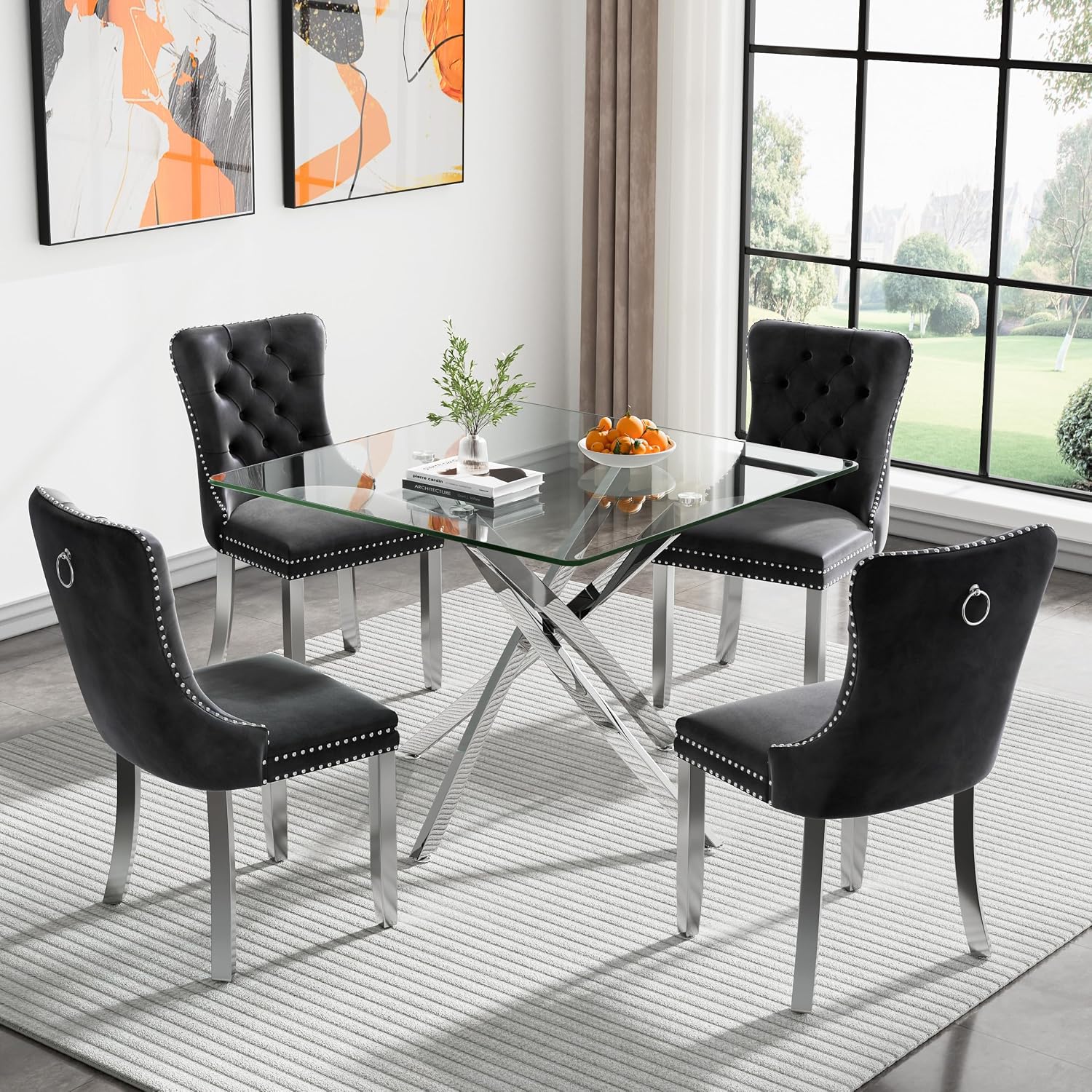 36' Square Dining Table for 4, Modern Clear Glass Kitchen Table for 4 with Silver X Metal Legs, Contemporary Small Glass Dining Room Leisure Tables for Kitchen Apartment