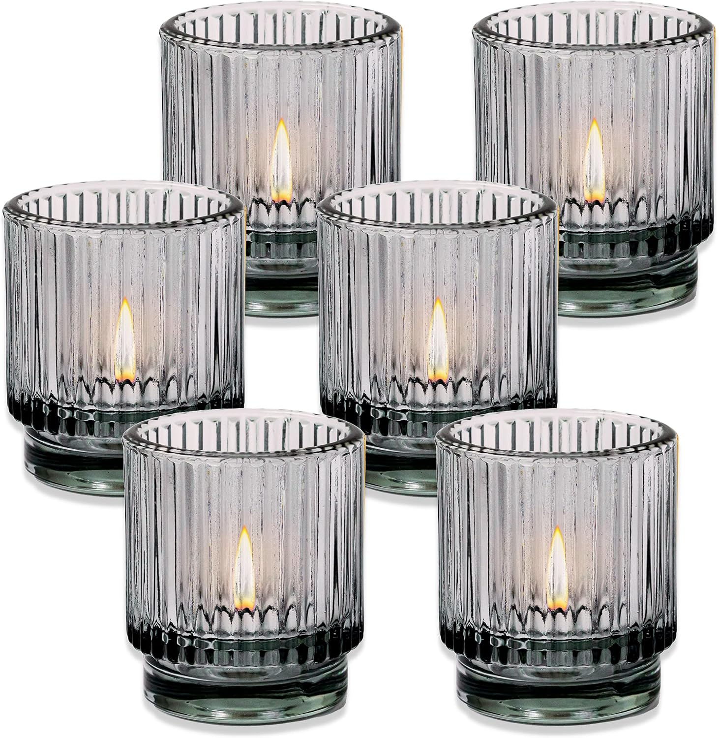 Kate Aspen Ribbed Glass Candle Holder Set - 6 Smoke Gray Tealight Holders for Home, Kitchen, Room or Living Room Decor - Vintage Tea Light Votive Accent for Table or Shelf Styling (Pack of 6)