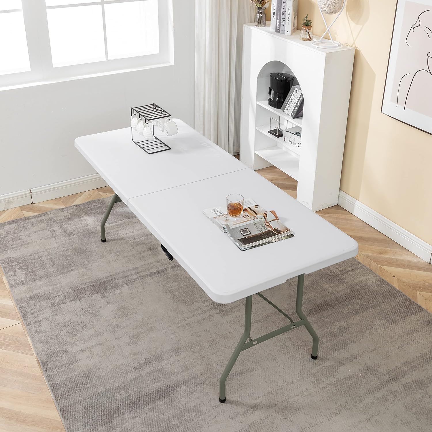 BTEXPERT Set of 5, Fold-in-Half Folding Table 6 Feet 72'x 29.5' Lightweight Portable Carrying Handle Indoor Outdoor Picnic Camping Office Home Party Wedding Event White