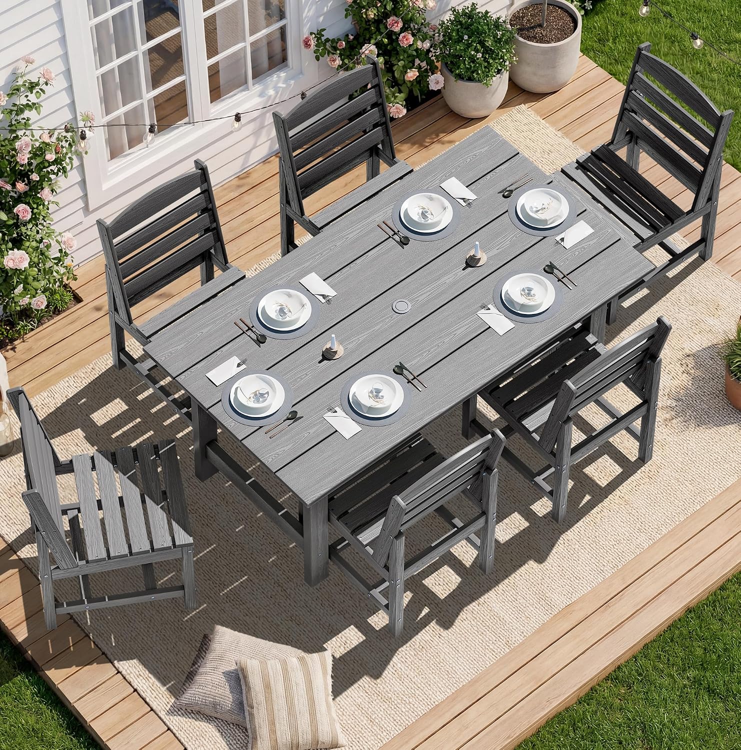 SERWALL Patio Dining Sets for 10 Person, HDPE Dining Set with 2 Tables, 8 Armless Chairs and 2 Armed Dining Chairs, Gray