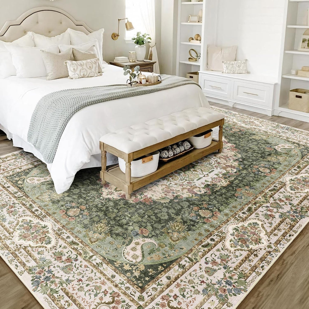 8x10 Area Rugs Washable,Green Rug for Living Room Bedroom Dining Room,Large Boho Vintage Bohemian Distressed Carpet Non Slip,Floral