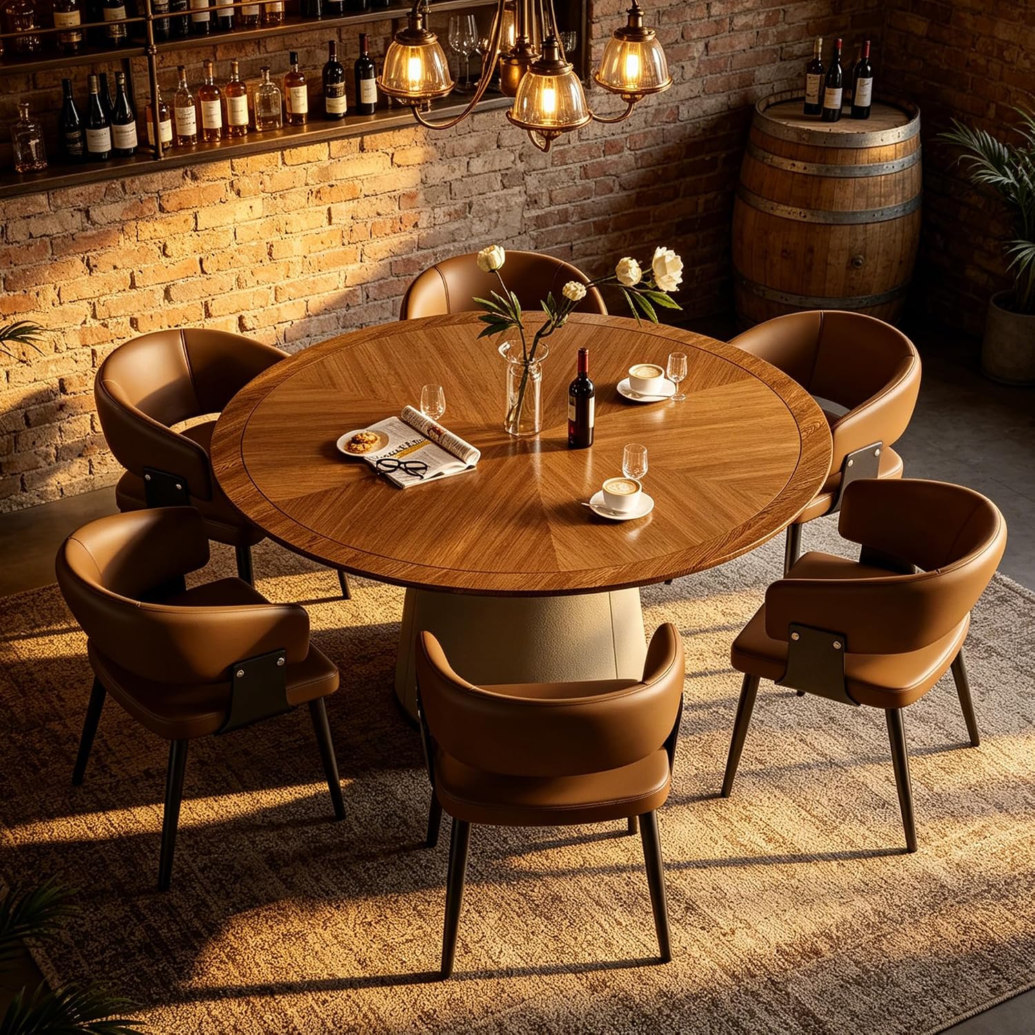 Round Faux Leather Base Dining Table for 4-6 People, Modern Wood Kitchen Table with Solid Veneer Top, 59.05' (59.1 inches (Diameter) x 29.8 inches (Height))