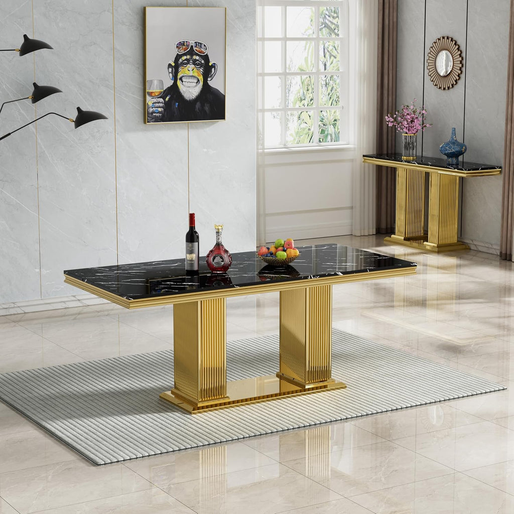 68' Black Marble Dining Table for 6 to 8, Luxury Large Rectangular Faux Marble Tabletop & Gold Double Pedestal Base, Mid Century Modern Kitchen Dining Room Table for Dinner Family Gathering