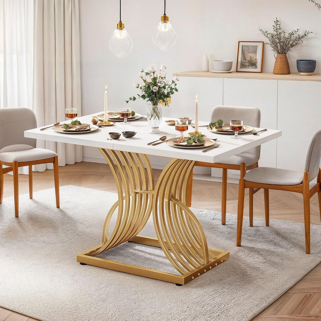 YITAHOME 47'' Modern Dining Table for 4, Small Kitchen Dinner Table with White Tabletop and Geometric Gold Legs, Rectangular Kitchen & Dining Room Furniture