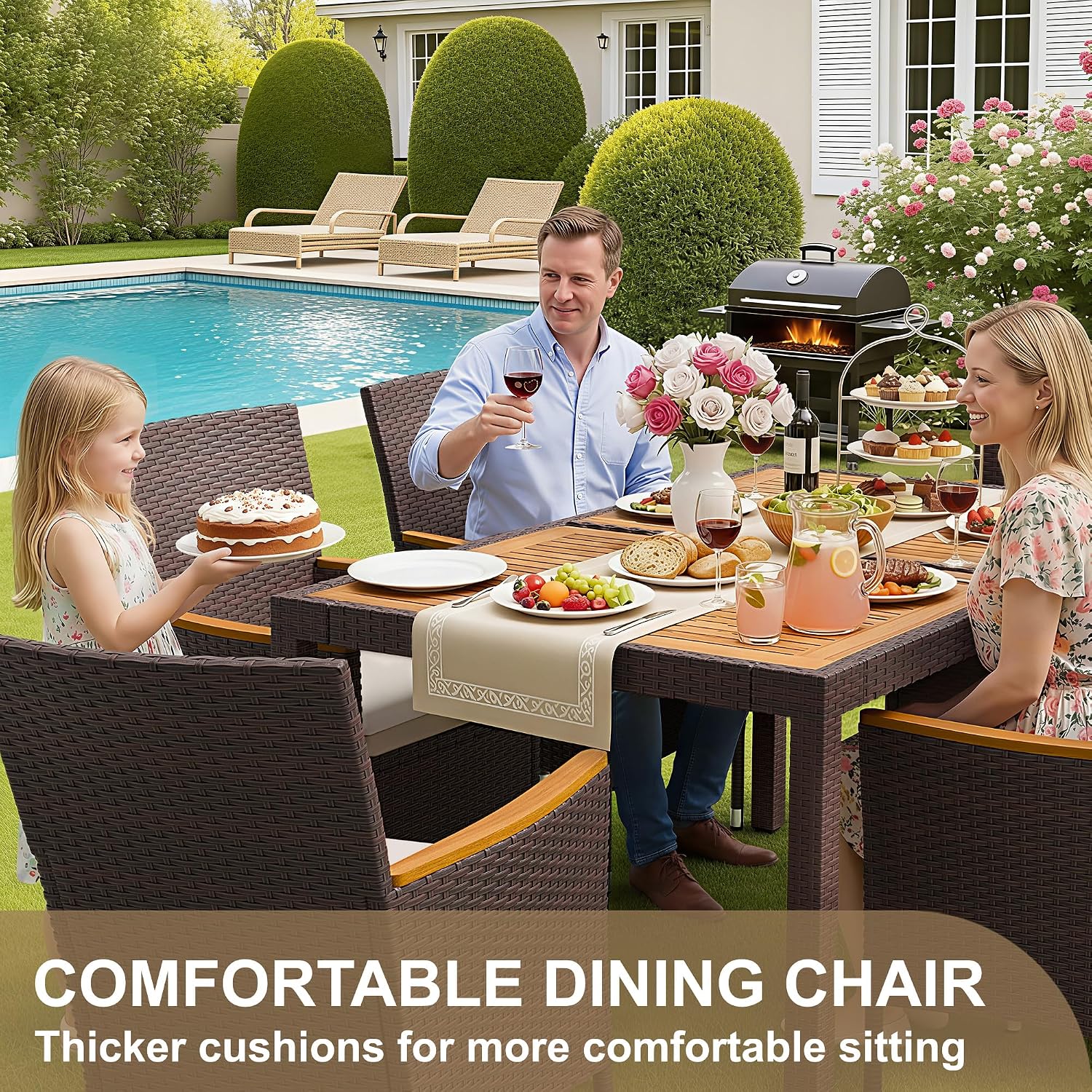 Devoko Dining 7 PCS Furniture, Patio Conversation Set with Acacia Wood Table Top, Outdoor, Beige Cushion and Brown Rattan