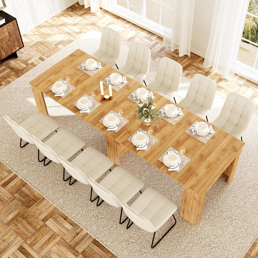 HIPIHOM 17.7'-118' Extendable Dining Table Set for 12, Extension Long Table Set with Extension Leaves Holder, Space-Saving for Meeting, Dining Room(Oak Table+10 U-Shaped White Chairs)