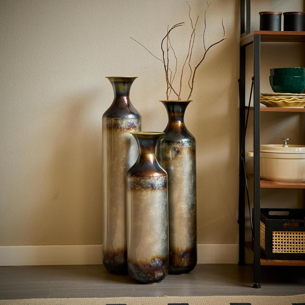 Tall Floor Vases Set of 3 - Modern White & Gold Metal Vases for Home Decor, Large Decorative Vase for Living Room, Entryway, Wedding & Centerpiece Display