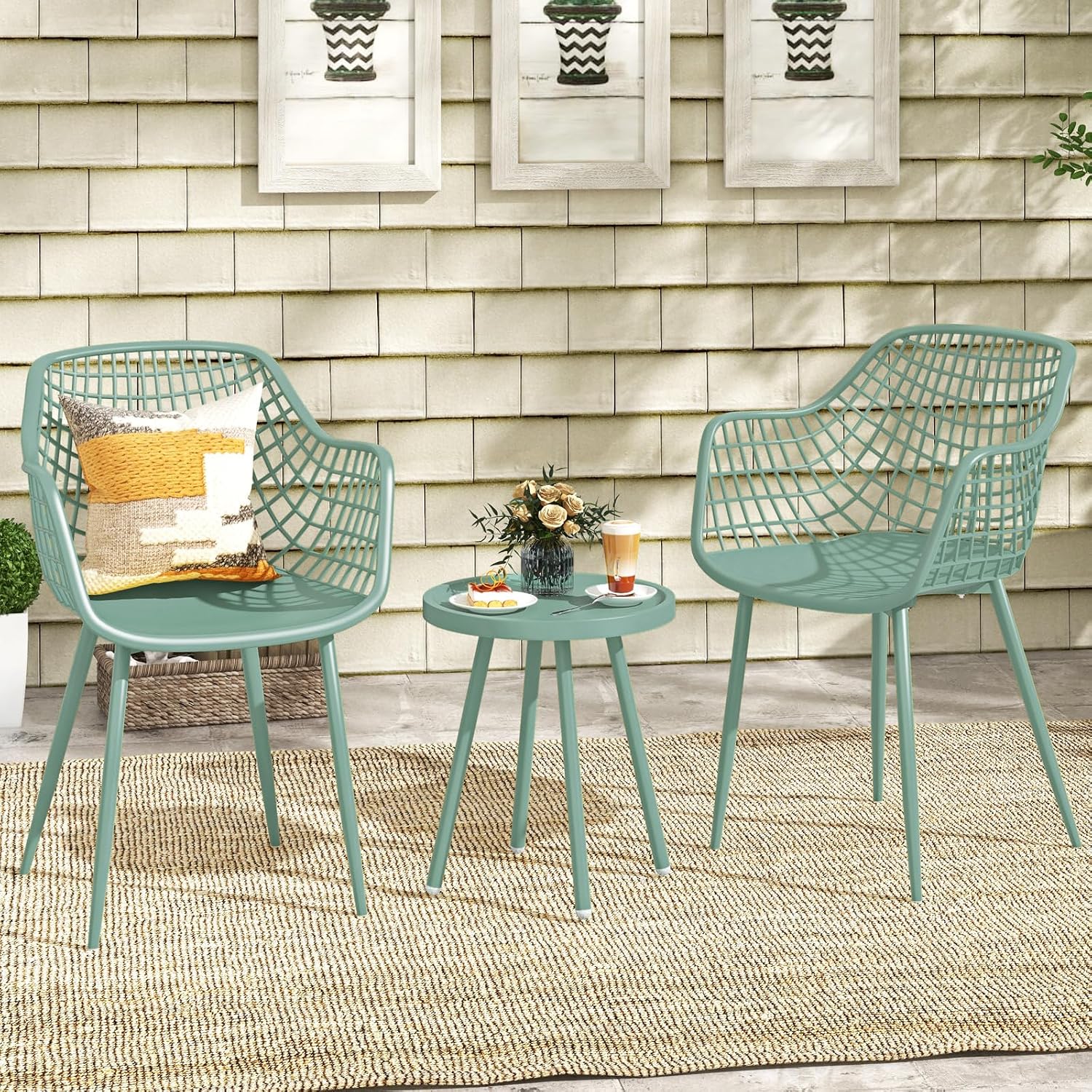 Tangkula 3 Piece Patio Bistro Set, All Weather Heavy Duty Table and Chairs Set of 2 with Widen Seats, Outdoor Furniture Set for Porch, Balcony, Backyard (Green)