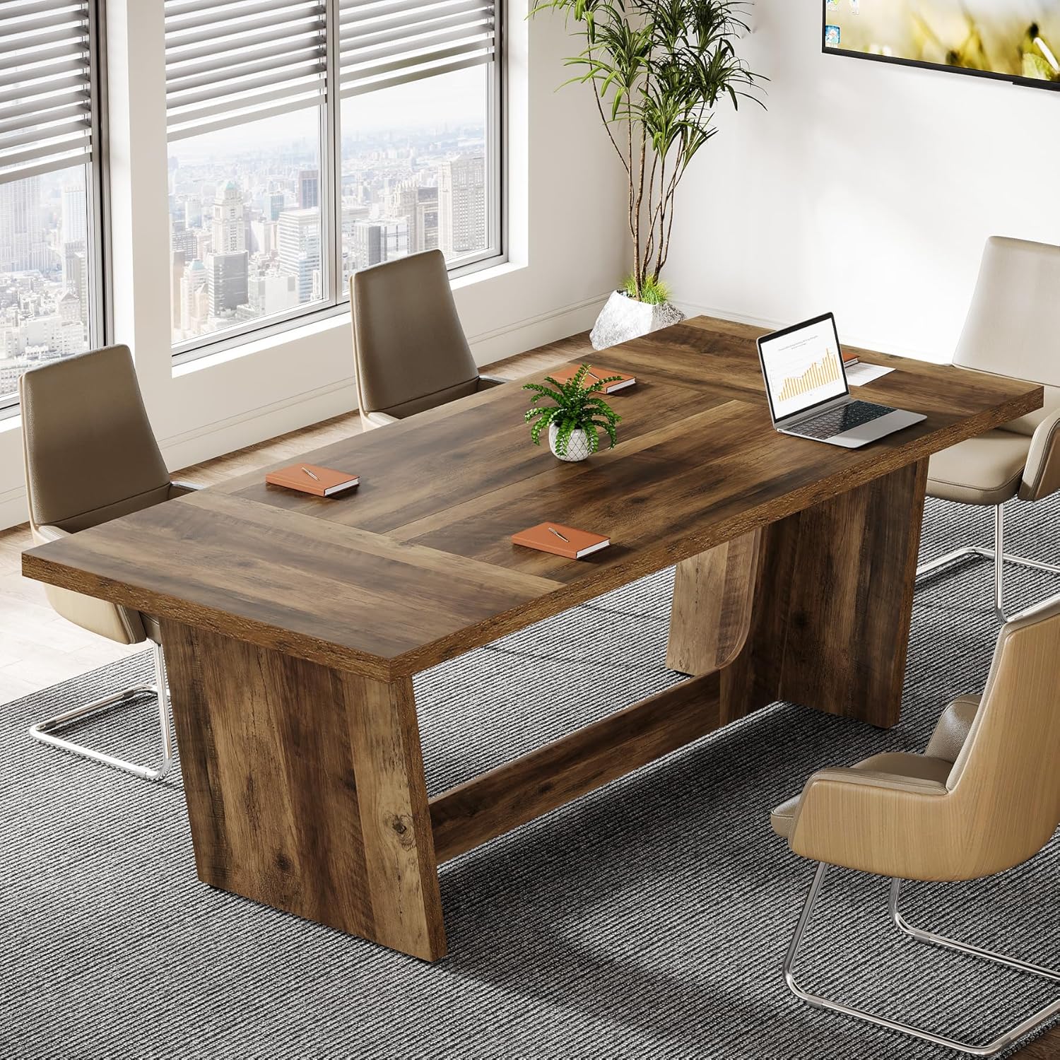 Tribesigns 6 FT Conference Room Table, 71'Large Executive Seminar Desk for 6–8 People, Rectangular Meeting Table for Office, Heavy-Duty Business Boardroom Table with Wooden Pedestal Base, Dark Brown