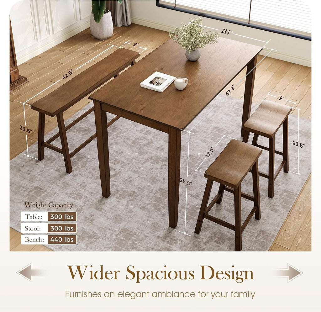 Sophia & William Dining Table Set for 4, Counter Height Table and Chairs, Kitchen Table Set with Bench and 2 Chairs, Small Breakfast Bar Dining Set, Rustic Caramel
