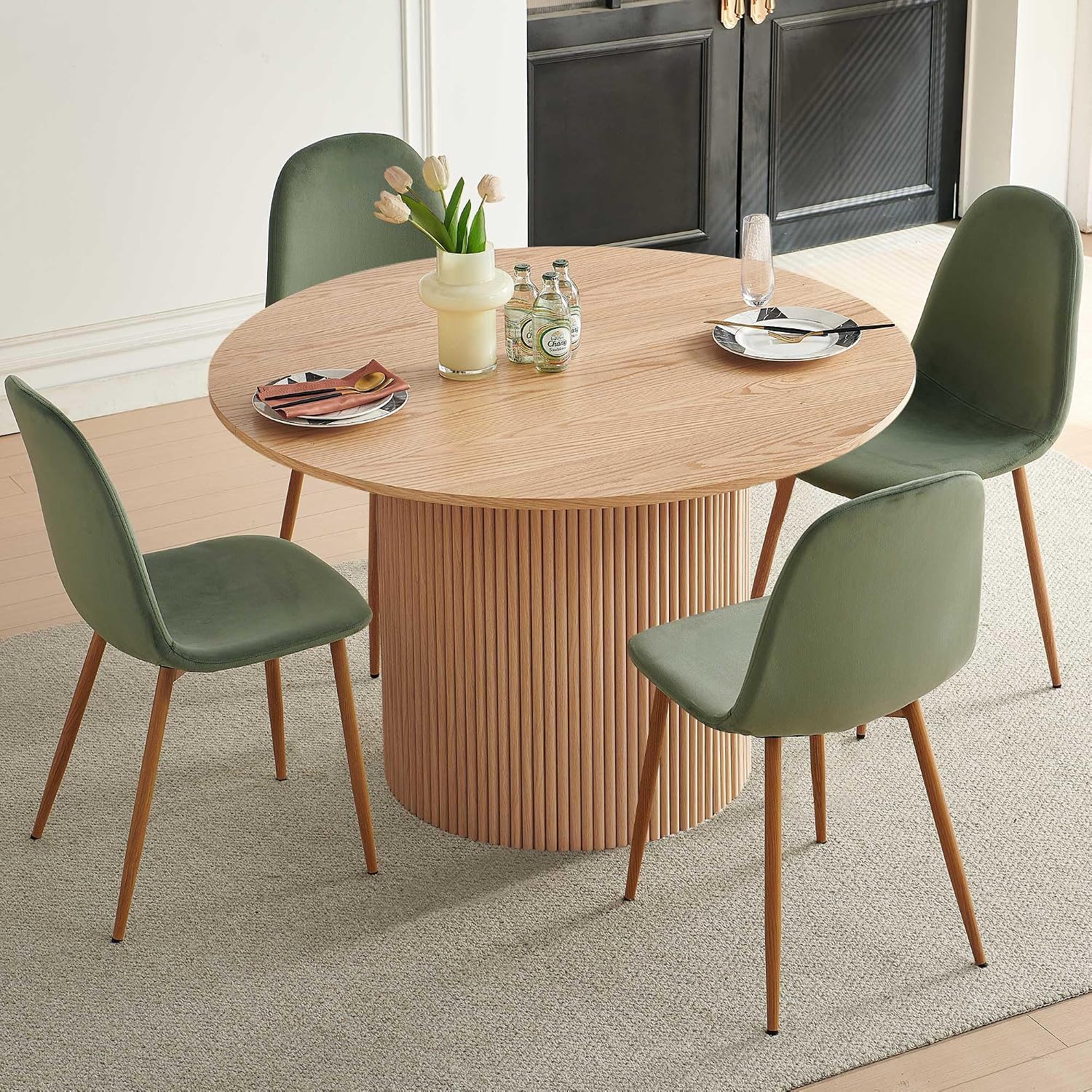 Dining Table Set for 4, Mid Century Modern 47 Inch Wooden Round Dining Table Set, Space Saving (Table + 4 Green Chairs)