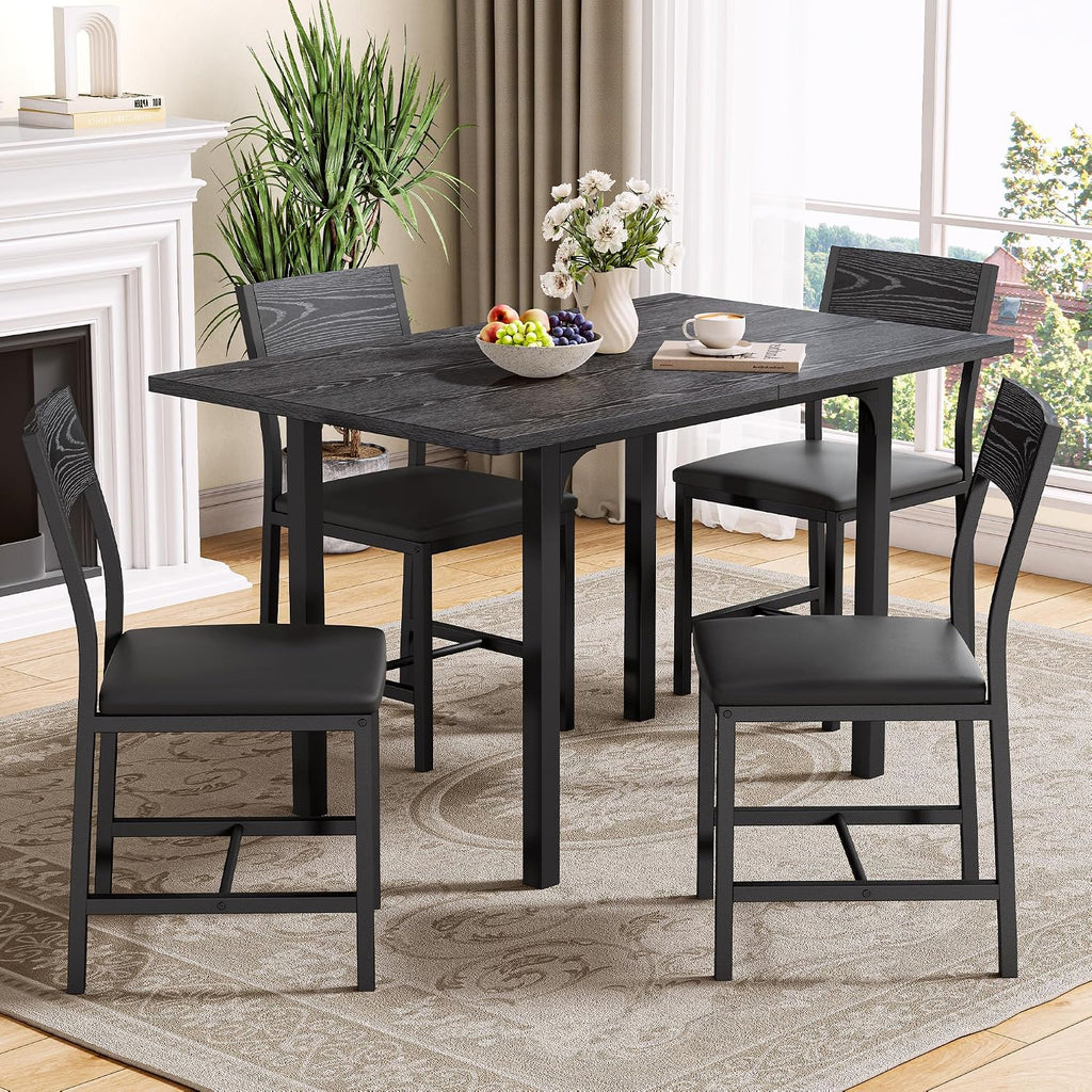 IRONCK 5-Piece Dining Table Set for 4, Extendable Kitchen Table Chairs Set of 4, Dining Room Table with 4 Upholstered Chairs, Folding for Small Space, Apartment, Black