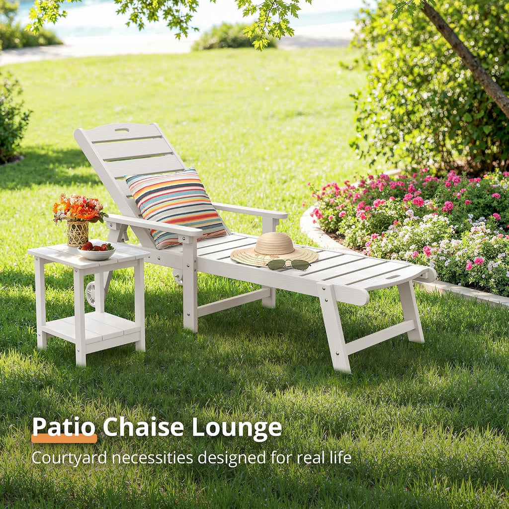 LUE BONA Chaise Lounge Chair with Table, 3-Piece, HDPS Chaise Lounger, 5 Positions Adjustable Lounge Chairs, Pool Lounge Chair with Wheels for Poolside, Backyard, White