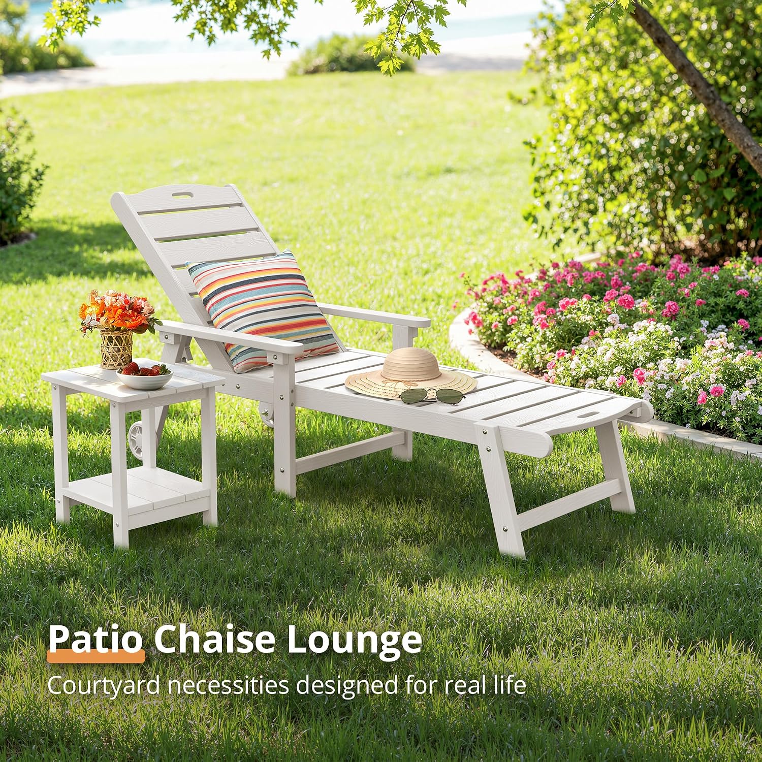 LUE BONA Chaise Lounge Chair with Table, 3-Piece, HDPS Chaise Lounger, 5 Positions Adjustable Lounge Chairs, Pool Lounge Chair with Wheels for Poolside, Backyard, White