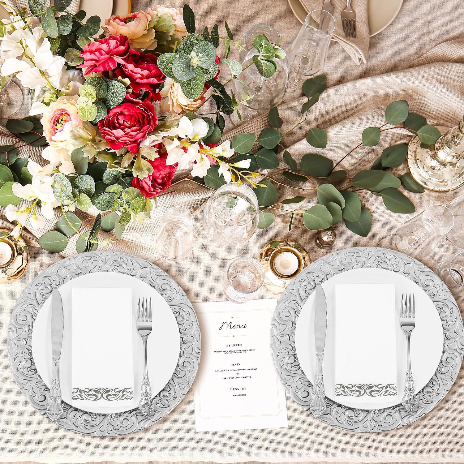 FoldTier 100 Set Antique Charger Plates with Napkins Set 13 Inch Plastic Round Chargers Bulk Embossed Rim Dinner Plates Elegant Guest Towels for Wedding Party Event Table Decoration Setting (Silver)