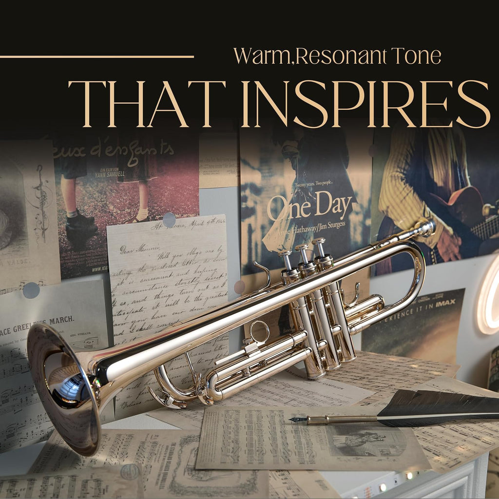 AKLOT Hand-Hammered Bell Bb Trumpet: Smooth Valve Action, Clear-Lacquered Brass Body, Standard Trumpet Beginner Set with Leather Case, Lesson Book, Trumpet Mute, Mouthpiece, Cleaning Kit (SNR-BrzSS)