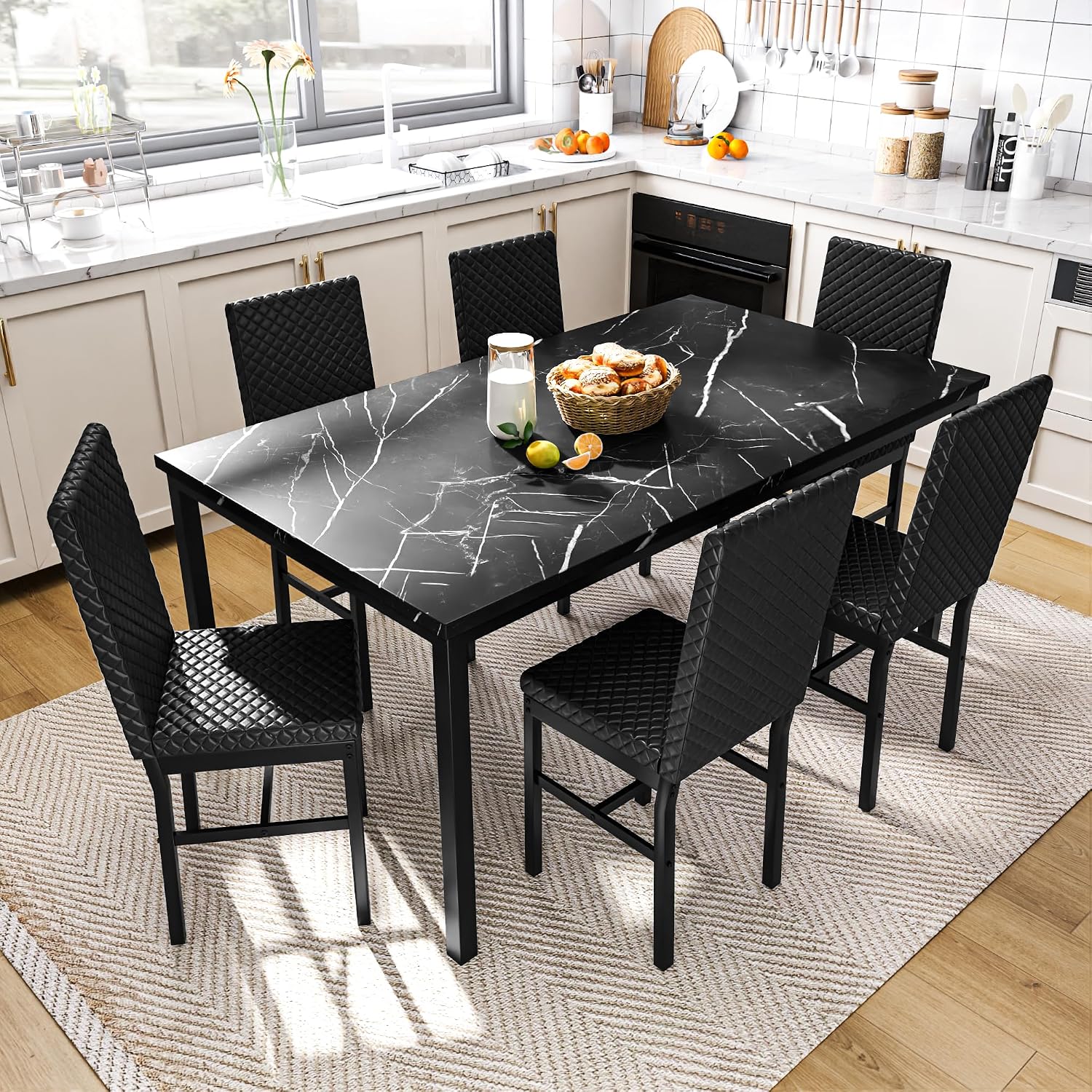 Recaceik Dining Table Set for 6, Faux Marble 7 Piece Dining Table Set with Chairs, Kitchen Table Set with PU Leather Dining Chairs for Small Space & Breakfast Nook, Black