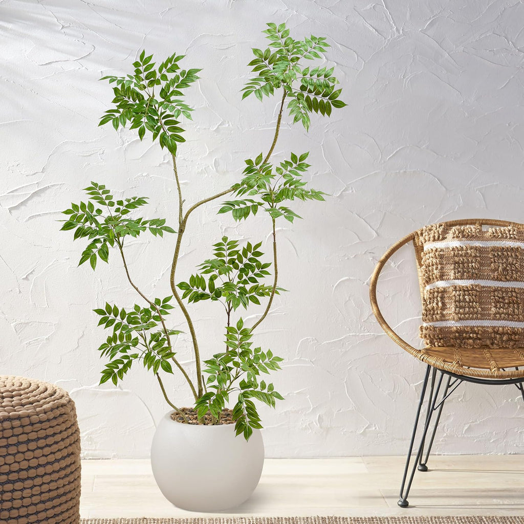 Artificial Mahonia Tree 6FT, Realistic Faux Indoor Tree with White Planter and Decorative Stones, Real-Touch Leaves, Bendable Branches, Tall Fake Floor Plant for Living Room Office Entryway Decor