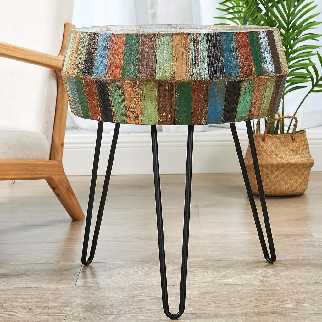 Multicolor Wood Round Drum Side Table 18.2'x18.2'x23.6'H Reclaimed Wooden Farmhouse Rustic Coffee End Table Vintage Accent Plant Stand Outdoor Living Room Bedroom Patio Home Decor