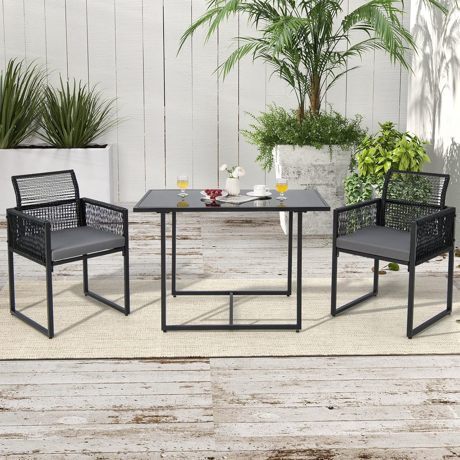 Tangkula 3 Pieces Outdoor Dining Set, Patio PE Rattan Furniture Set with Folding Backrest, Cozy Seat Cushions, Tempered Glass Tabletop, Space-Saving Rattan Chair Table Set for Backyard, Poolside