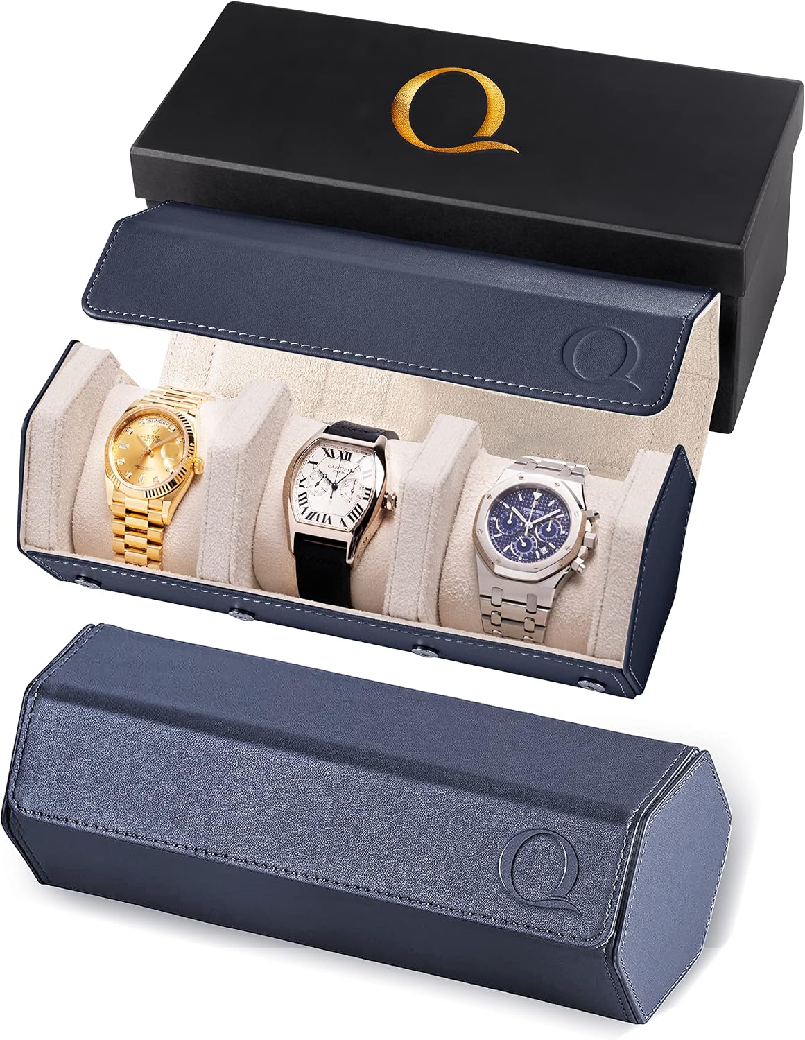QWATCHBANDS Napa Leather Watch Rolls for Men - Hexagon Triple Watch Roll Travel Case for 3 Watches - Storage Organizer Genuine Leather with Velvet Interior Display (Blue/Cream)