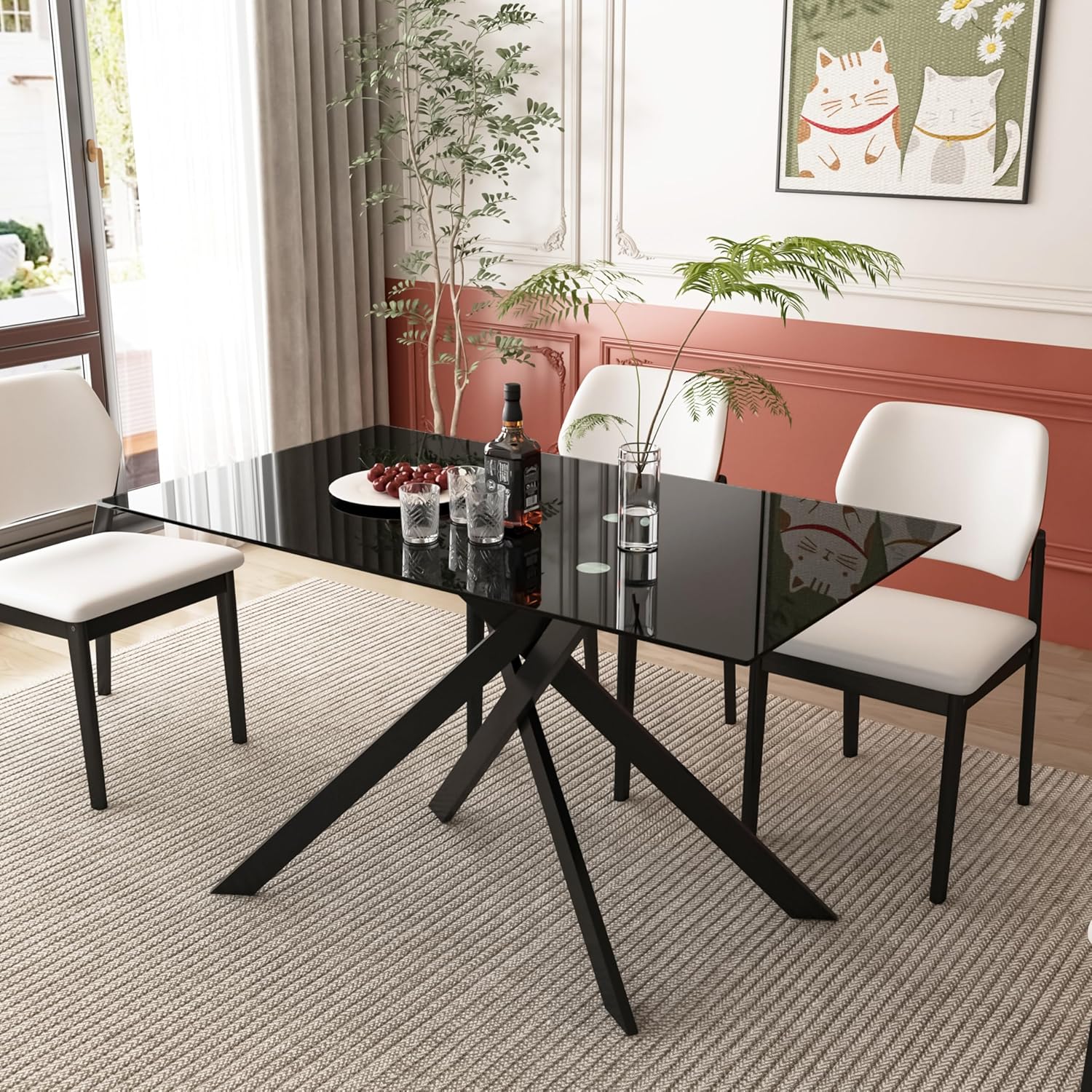 51.2' Black Glass Dining Table, Modern Kitchen Table for 4-6 People, Contemporary Rectangular Dining Room Dinner Tables with Black Glass Top & Black Metal X Legs for Kitchen Apartment