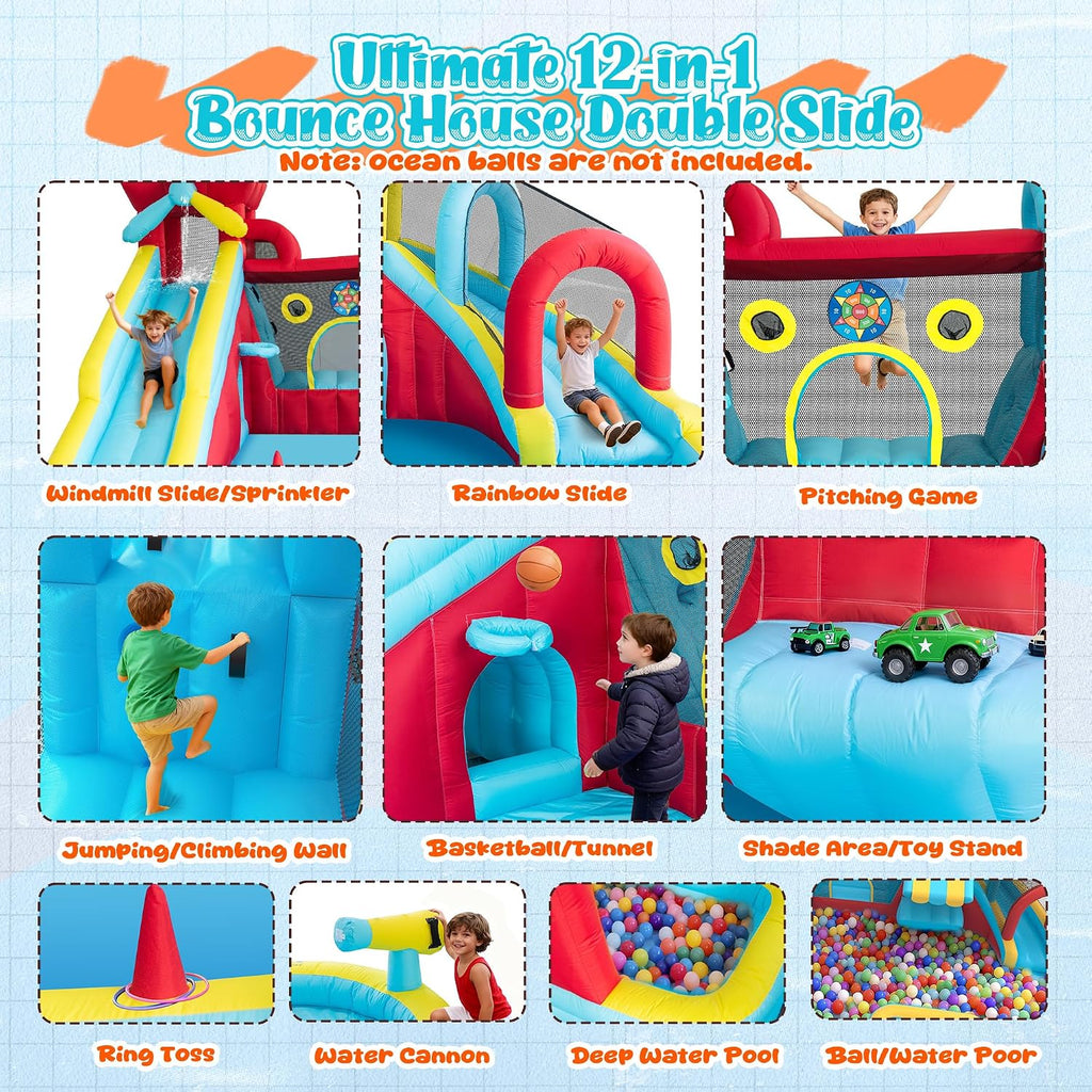 Water Bounce House for Big Kids 8-12, Double Water Slide Bounce House with 750W Blower, Toy Stand, Climbing Wall, Jumping, Water Gun, Splash Pool, Basketball Hoop for Indoor Outdoor Backyard